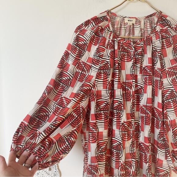 Whit Geo Print Balloon Sleeve Button Front Silk Blouse L - Picture 2 of 8